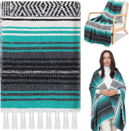 Mexican Blanket Woven Authentic Falsa Throw 45 x 70 Inch – Authentic Baja Serape Saddle Blanket Outdoor for Restorative Yoga, Beach, Picnic, Couch, Car Travel(Turquoise)