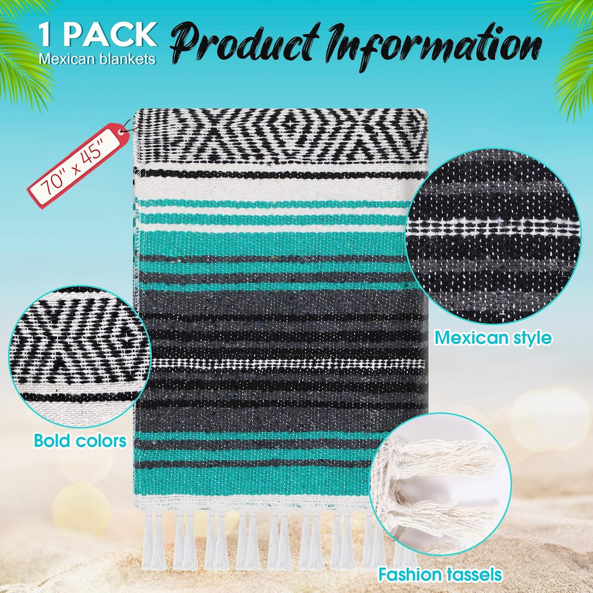 Mexican Blanket Woven Authentic Falsa Throw 45 x 70 Inch – Authentic Baja Serape Saddle Blanket Outdoor for Restorative Yoga, Beach, Picnic, Couch, Car Travel(Turquoise)