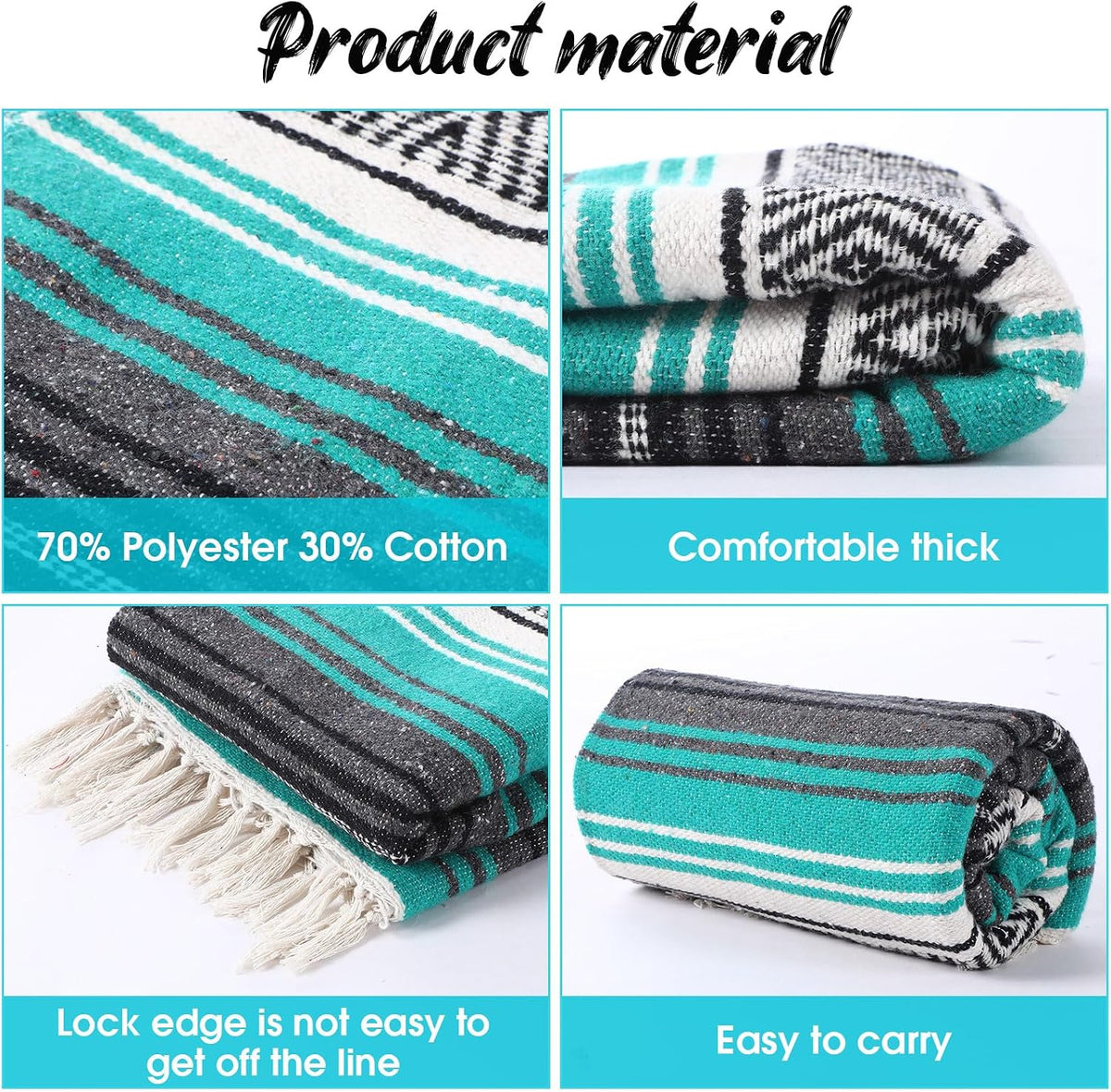 Mexican Blanket Woven Authentic Falsa Throw 45 x 70 Inch – Authentic Baja Serape Saddle Blanket Outdoor for Restorative Yoga, Beach, Picnic, Couch, Car Travel(Turquoise)