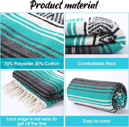Mexican Blanket Woven Authentic Falsa Throw 45 x 70 Inch – Authentic Baja Serape Saddle Blanket Outdoor for Restorative Yoga, Beach, Picnic, Couch, Car Travel(Turquoise)