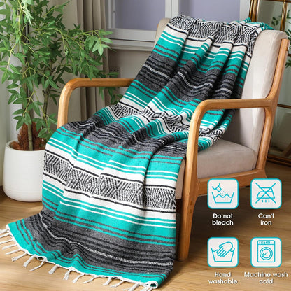 Mexican Blanket Woven Authentic Falsa Throw 45 x 70 Inch – Authentic Baja Serape Saddle Blanket Outdoor for Restorative Yoga, Beach, Picnic, Couch, Car Travel(Turquoise)