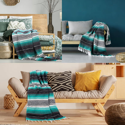 Mexican Blanket Woven Authentic Falsa Throw 45 x 70 Inch – Authentic Baja Serape Saddle Blanket Outdoor for Restorative Yoga, Beach, Picnic, Couch, Car Travel(Turquoise)