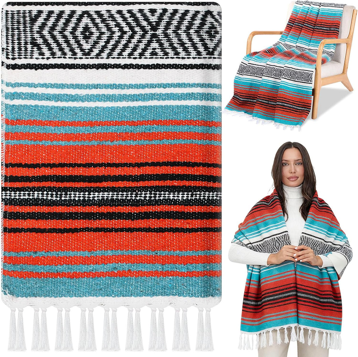 Mexican Blanket Woven Authentic Falsa Throw 45 x 70 Inch – Authentic Baja Serape Saddle Blanket Outdoor for Restorative Yoga, Beach, Picnic, Couch, Car Travel(Turquoise)