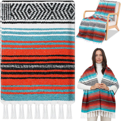 Mexican Blanket Woven Authentic Falsa Throw 45 x 70 Inch – Authentic Baja Serape Saddle Blanket Outdoor for Restorative Yoga, Beach, Picnic, Couch, Car Travel(Turquoise)