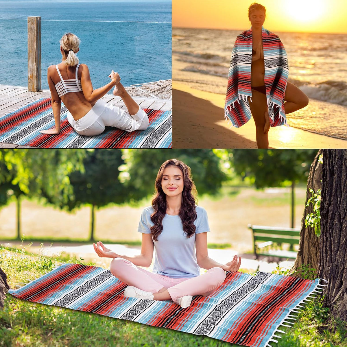 Mexican Blanket Woven Authentic Falsa Throw 45 x 70 Inch – Authentic Baja Serape Saddle Blanket Outdoor for Restorative Yoga, Beach, Picnic, Couch, Car Travel(Turquoise)