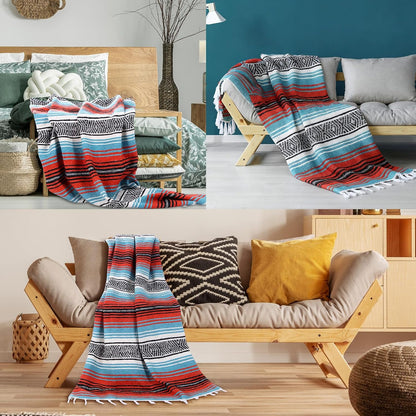 Mexican Blanket Woven Authentic Falsa Throw 45 x 70 Inch – Authentic Baja Serape Saddle Blanket Outdoor for Restorative Yoga, Beach, Picnic, Couch, Car Travel(Turquoise)