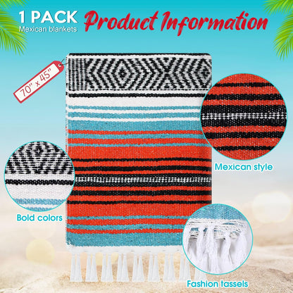 Mexican Blanket Woven Authentic Falsa Throw 45 x 70 Inch – Authentic Baja Serape Saddle Blanket Outdoor for Restorative Yoga, Beach, Picnic, Couch, Car Travel(Turquoise)