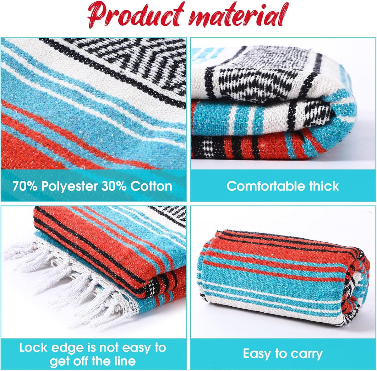 Mexican Blanket Woven Authentic Falsa Throw 45 x 70 Inch – Authentic Baja Serape Saddle Blanket Outdoor for Restorative Yoga, Beach, Picnic, Couch, Car Travel(Turquoise)