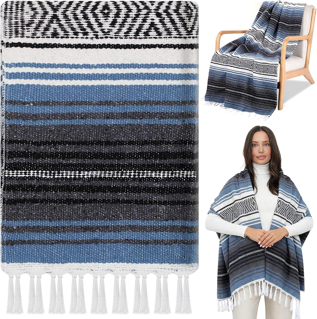 Mexican Blanket Woven Authentic Falsa Throw 45 x 70 Inch – Authentic Baja Serape Saddle Blanket Outdoor for Restorative Yoga, Beach, Picnic, Couch, Car Travel(Turquoise)