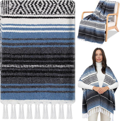 Mexican Blanket Woven Authentic Falsa Throw 45 x 70 Inch – Authentic Baja Serape Saddle Blanket Outdoor for Restorative Yoga, Beach, Picnic, Couch, Car Travel(Turquoise)