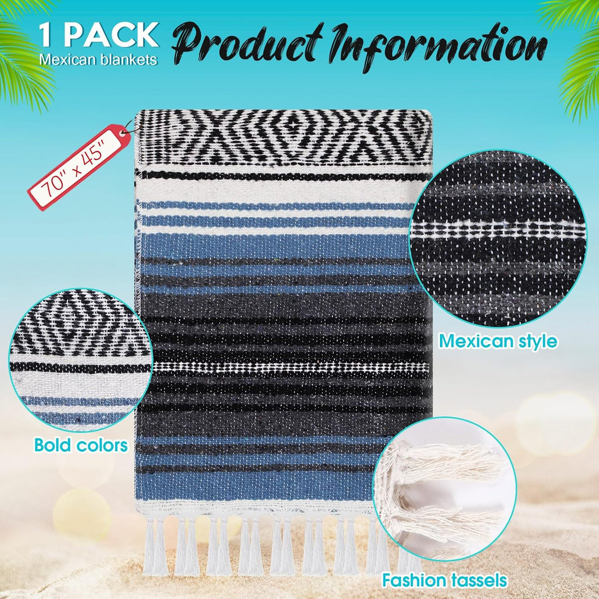 Mexican Blanket Woven Authentic Falsa Throw 45 x 70 Inch – Authentic Baja Serape Saddle Blanket Outdoor for Restorative Yoga, Beach, Picnic, Couch, Car Travel(Turquoise)