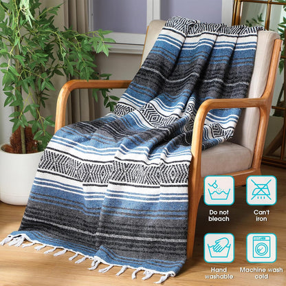 Mexican Blanket Woven Authentic Falsa Throw 45 x 70 Inch – Authentic Baja Serape Saddle Blanket Outdoor for Restorative Yoga, Beach, Picnic, Couch, Car Travel(Turquoise)