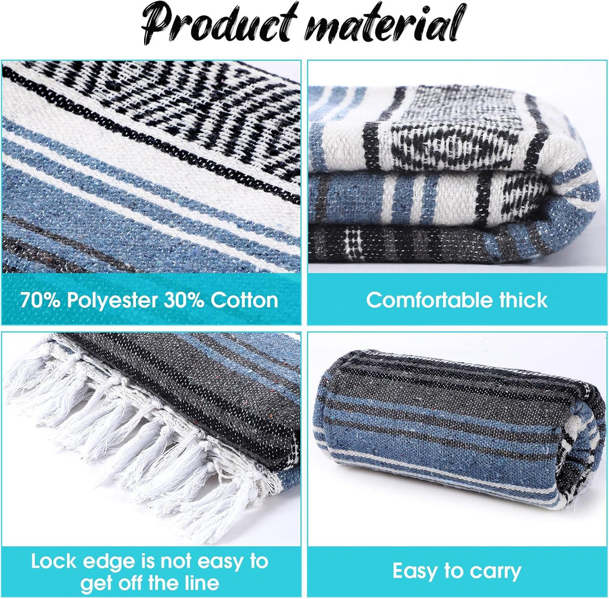 Mexican Blanket Woven Authentic Falsa Throw 45 x 70 Inch – Authentic Baja Serape Saddle Blanket Outdoor for Restorative Yoga, Beach, Picnic, Couch, Car Travel(Turquoise)