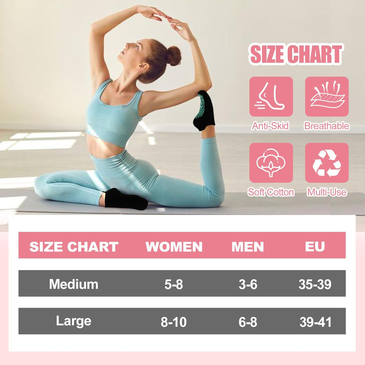 Pilates Non Slip Grip Socks for Women 1-4 Pairs Yoga Barre Ballet Workout Hospital Grippy Sock