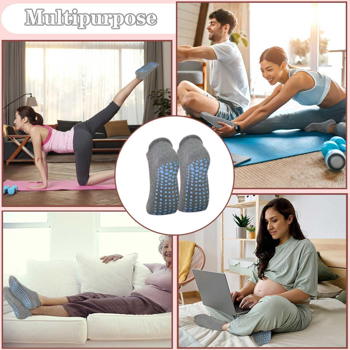 Pilates Non Slip Grip Socks for Women 1-4 Pairs Yoga Barre Ballet Workout Hospital Grippy Sock