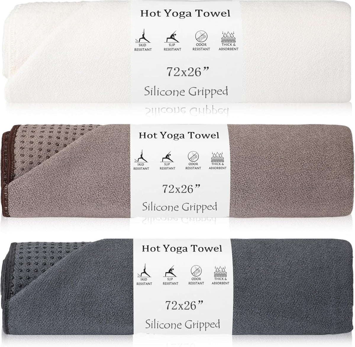 3 Pack Non Slip Hot Yoga Towels with Grip, Beige Dark Gray Coffee
