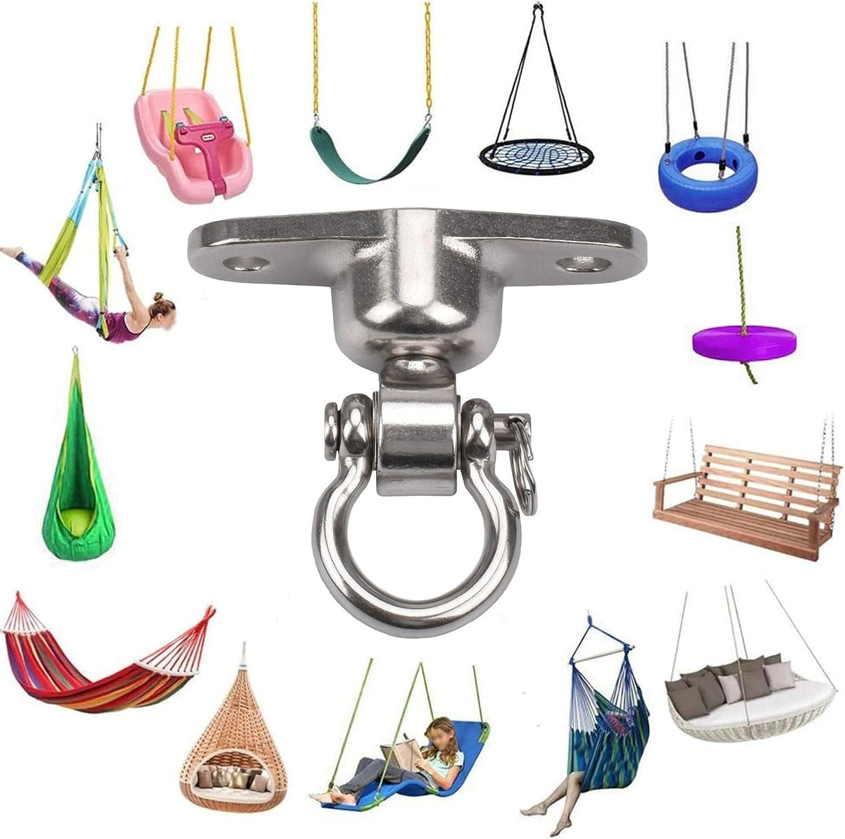 2 Antirust Swing Hanger Heavy Duty 360°+180°Rotation 1500LB Capacity Wood Playground Yoga Hammock Chair, Rope sandbag