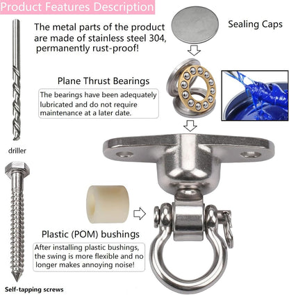 2 Antirust Swing Hanger Heavy Duty 360°+180°Rotation 1500LB Capacity Wood Playground Yoga Hammock Chair, Rope sandbag
