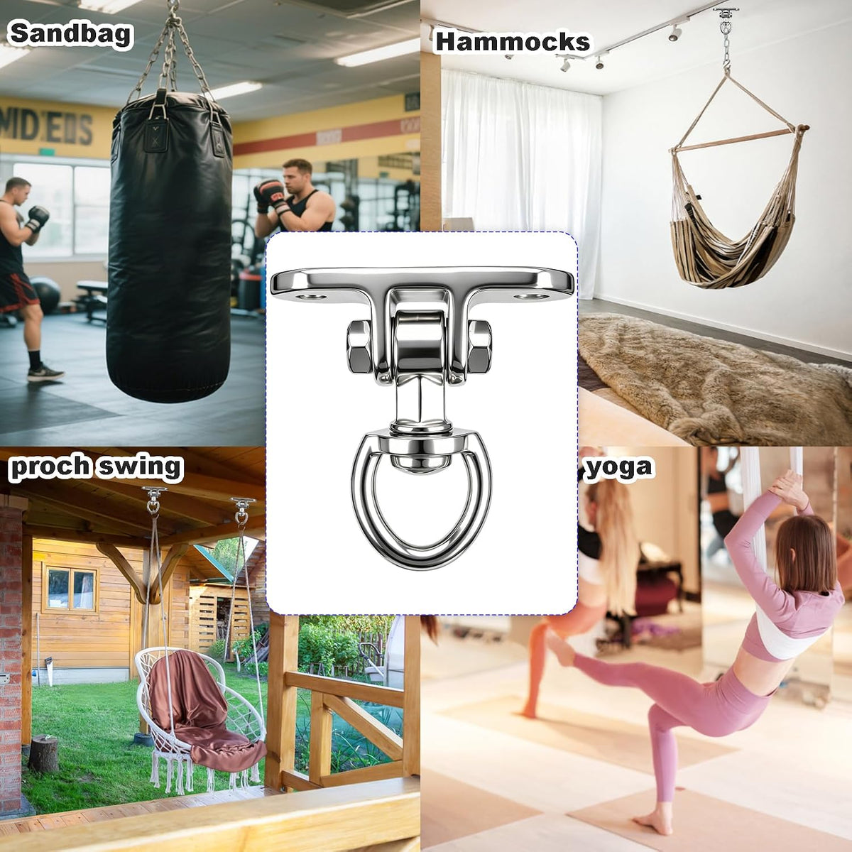 2 Antirust Swing Hanger Heavy Duty 360°+180°Rotation 1500LB Capacity Wood Playground Yoga Hammock Chair, Rope sandbag
