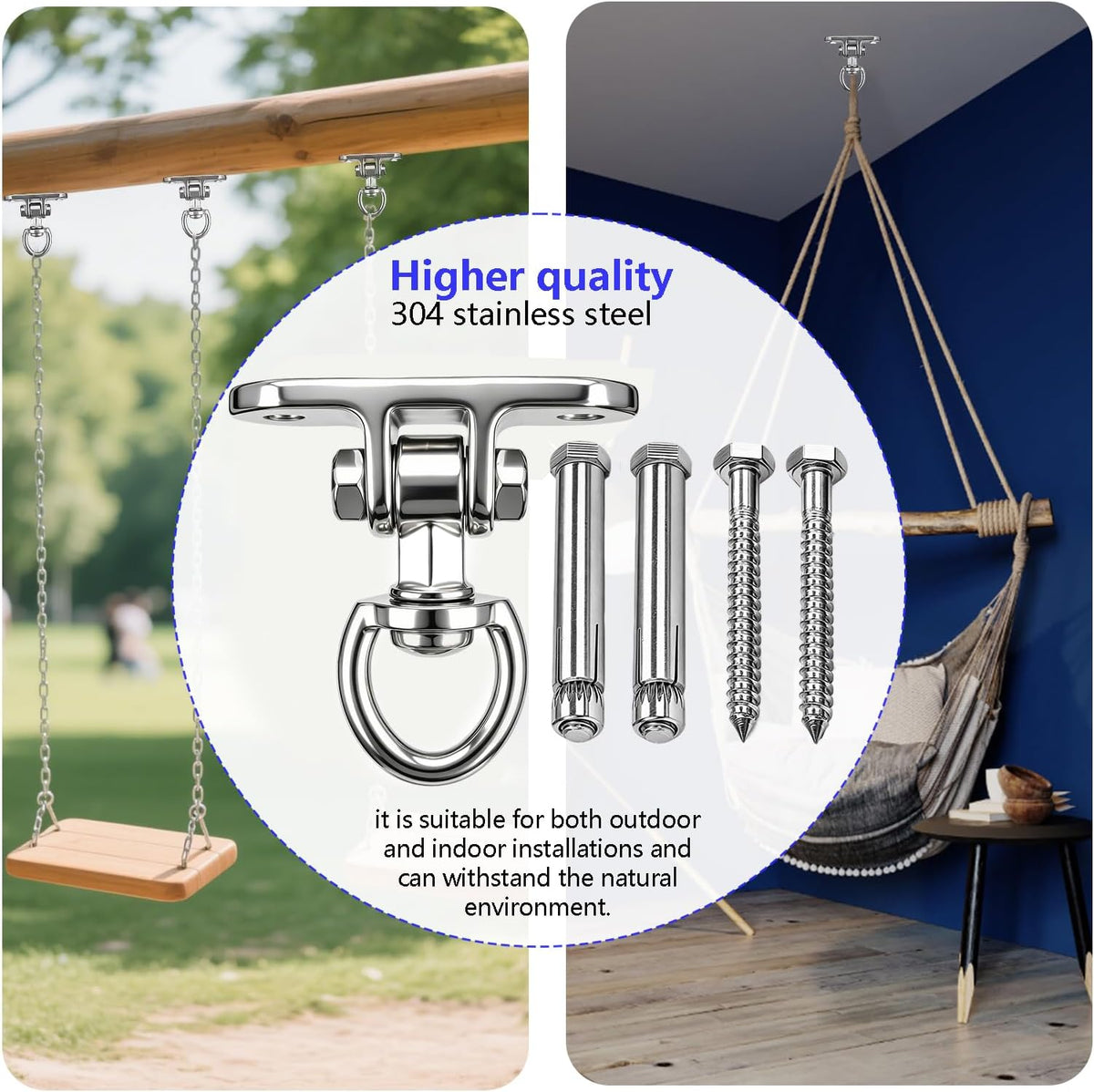2 Antirust Swing Hanger Heavy Duty 360°+180°Rotation 1500LB Capacity Wood Playground Yoga Hammock Chair, Rope sandbag