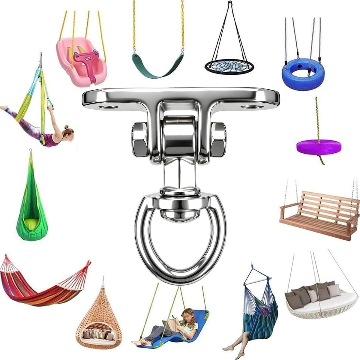 2 Antirust Swing Hanger Heavy Duty 360°+180°Rotation 1500LB Capacity Wood Playground Yoga Hammock Chair, Rope sandbag