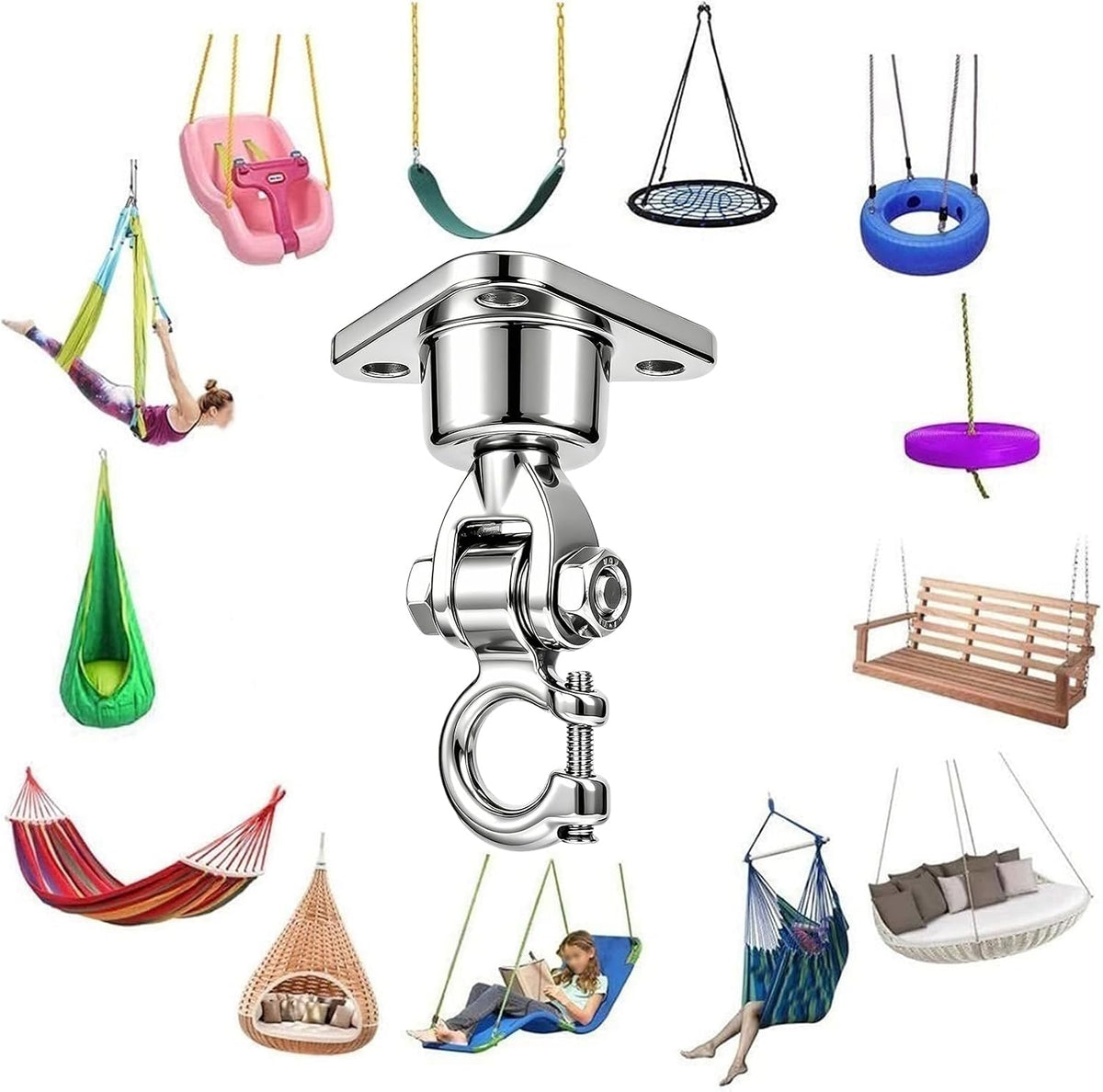 2 Antirust Swing Hanger Heavy Duty 360°+180°Rotation 1500LB Capacity Wood Playground Yoga Hammock Chair, Rope sandbag