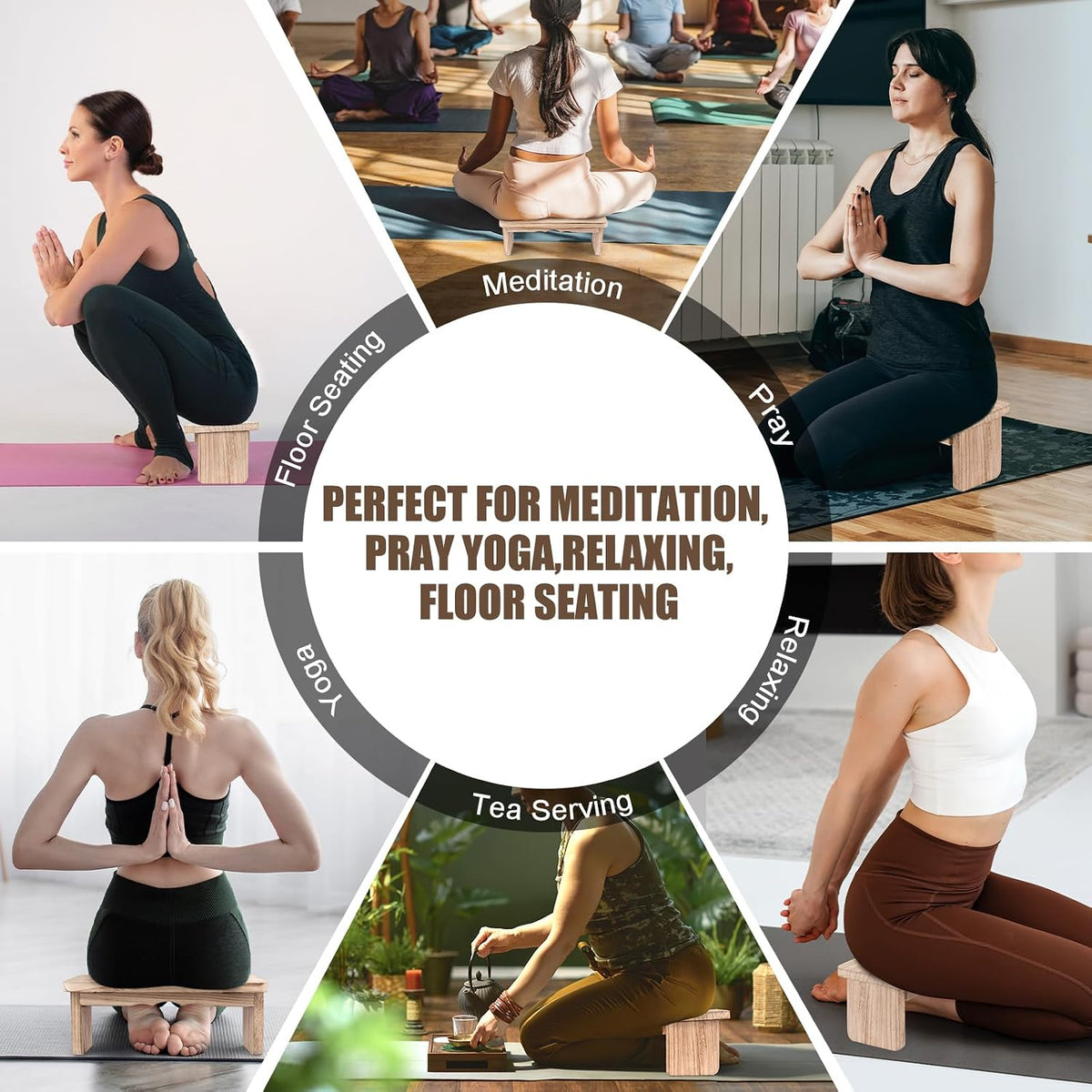 Folding Yoga Meditation Bench - Yoga Kneeling Bench for Adult, Wooden Zen Meditation Stool Kneeling Bench for Yoga Practice (Dark Brown)