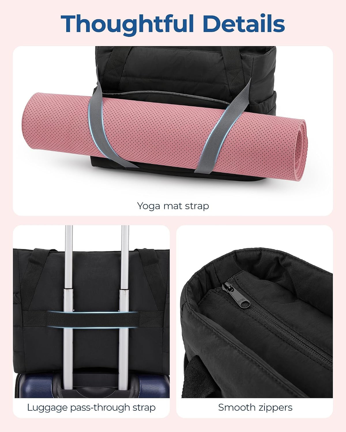 Tote Bag for Women with Zipper and Yoga Mat Straps