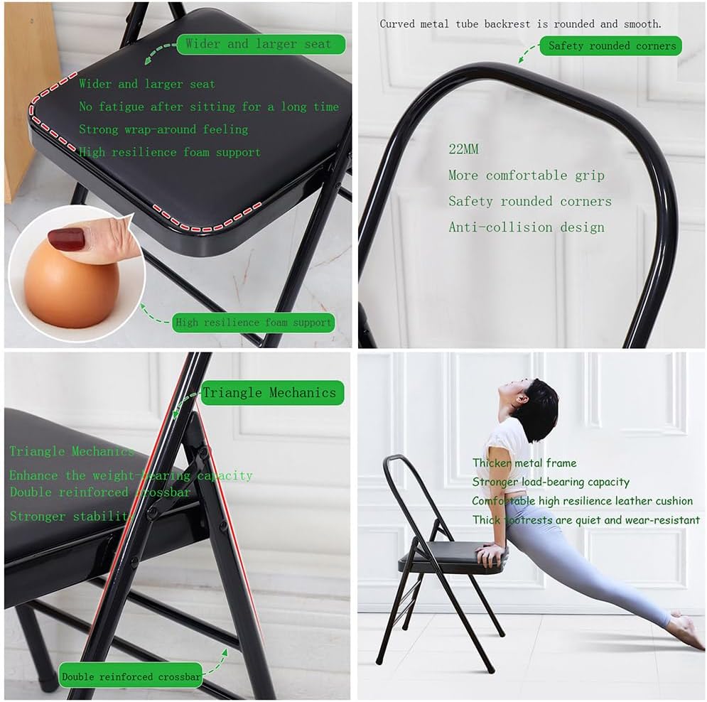 Iyengar Yoga Chair,Metal Frame,Backless Yoga Auxiliary Chair Foldable, Double Beam Yoga Chair with PU Cushion, Double Beam Design,Black