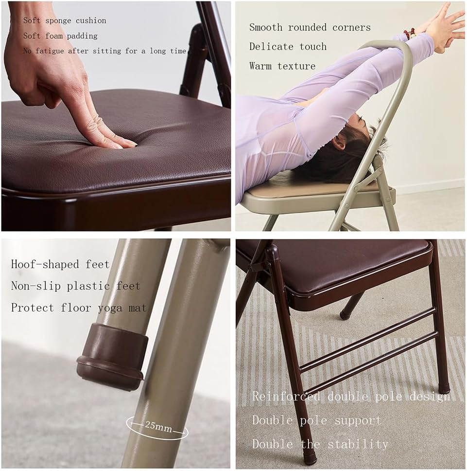 Iyengar Yoga Chair,Metal Frame,Backless Yoga Auxiliary Chair Foldable, Double Beam Yoga Chair with PU Cushion, Double Beam Design,Black