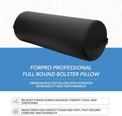 ForPro Jumbo Full Round Massage Table Bolster Pillow, 26" L x 9" R, Black