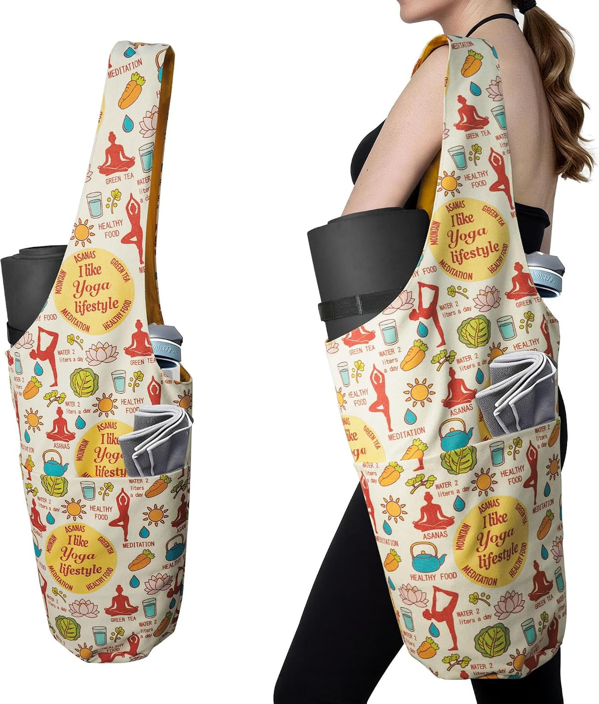 Heavy Duty Cotton Canvas Yoga Bag with Multi-Pocket Organizer, Large Capacity Gym Sports Bags, With 2 Bonus Mat Straps