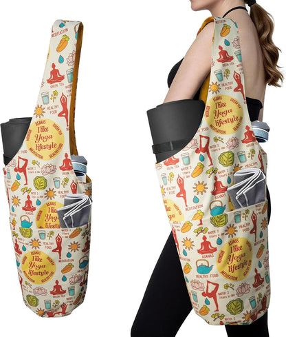Heavy Duty Cotton Canvas Yoga Bag with Multi-Pocket Organizer, Large Capacity Gym Sports Bags, With 2 Bonus Mat Straps