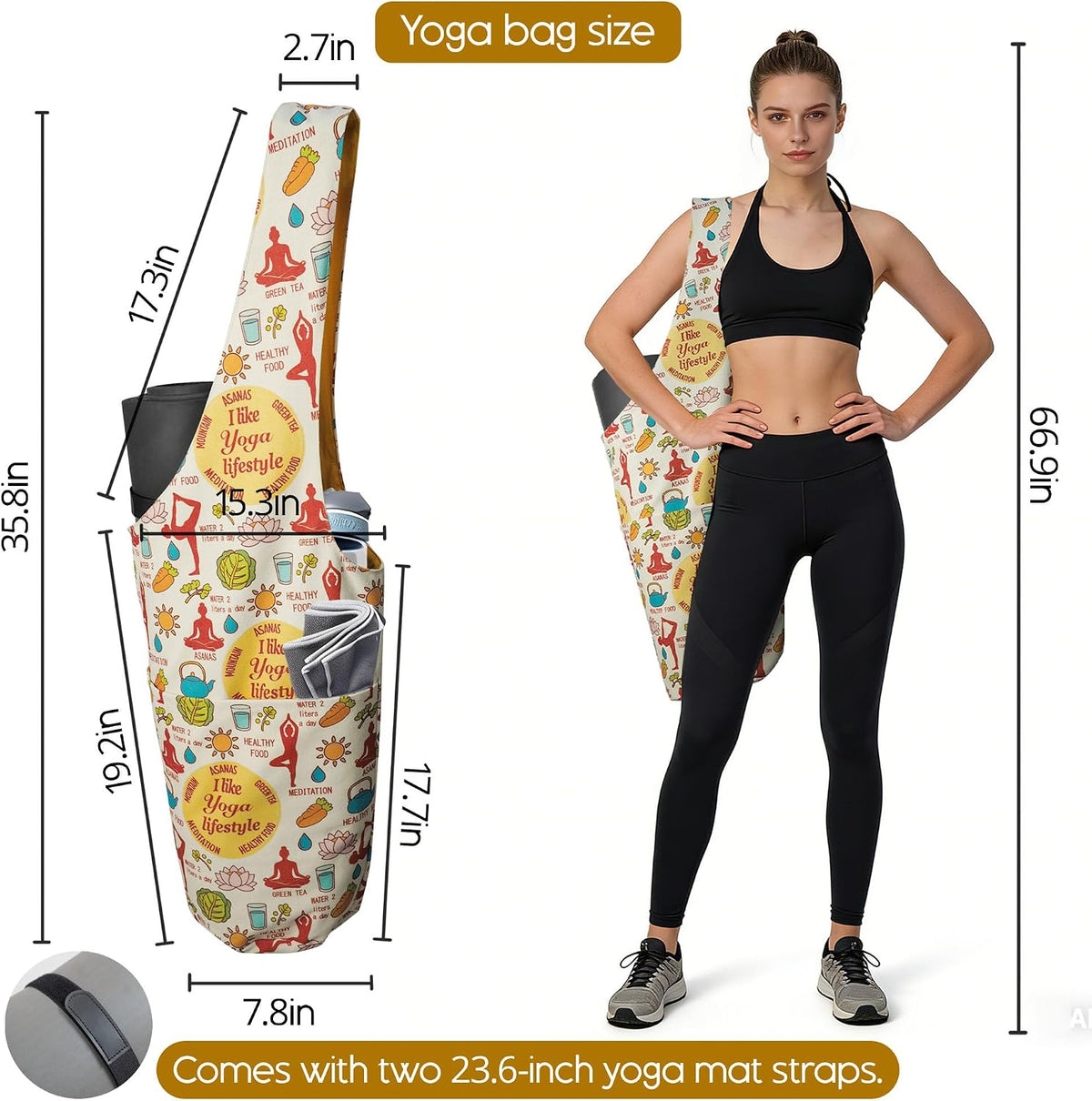 Heavy Duty Cotton Canvas Yoga Bag with Multi-Pocket Organizer, Large Capacity Gym Sports Bags, With 2 Bonus Mat Straps