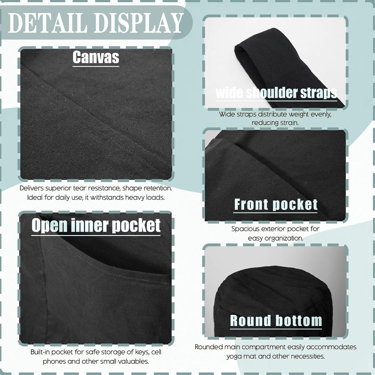 Heavy Duty Cotton Canvas Yoga Bag with Multi-Pocket Organizer, Large Capacity Gym Sports Bags, With 2 Bonus Mat Straps