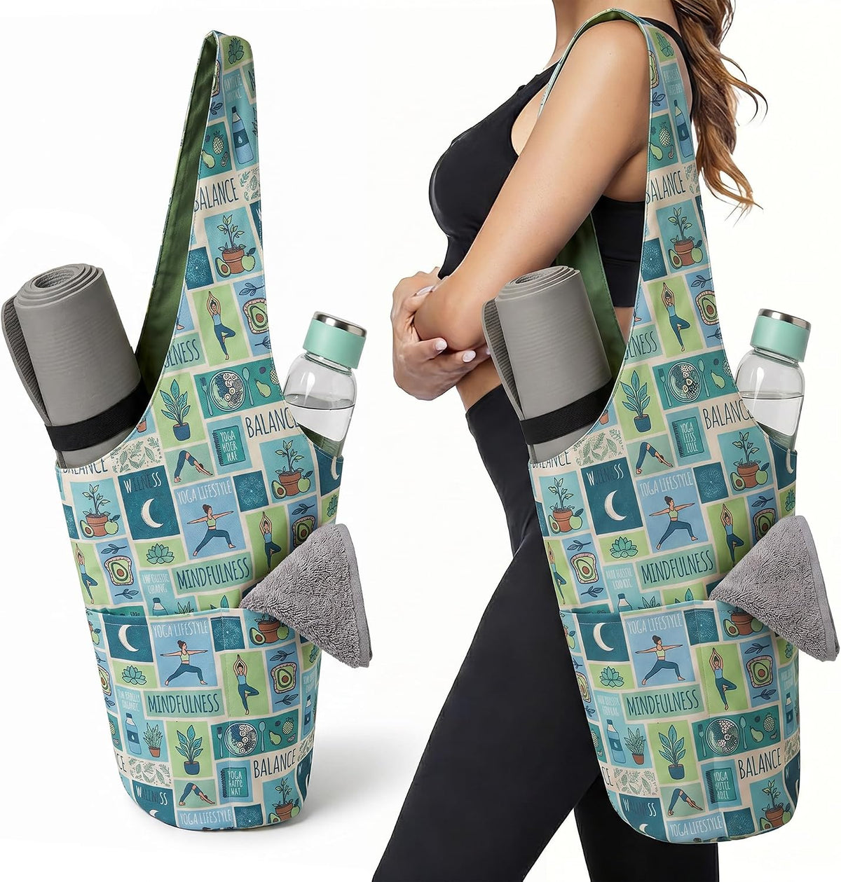 Heavy Duty Cotton Canvas Yoga Bag with Multi-Pocket Organizer, Large Capacity Gym Sports Bags, With 2 Bonus Mat Straps