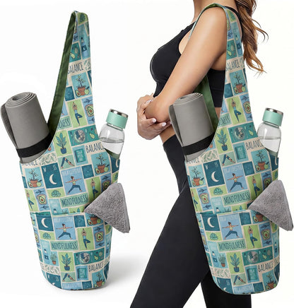 Heavy Duty Cotton Canvas Yoga Bag with Multi-Pocket Organizer, Large Capacity Gym Sports Bags, With 2 Bonus Mat Straps
