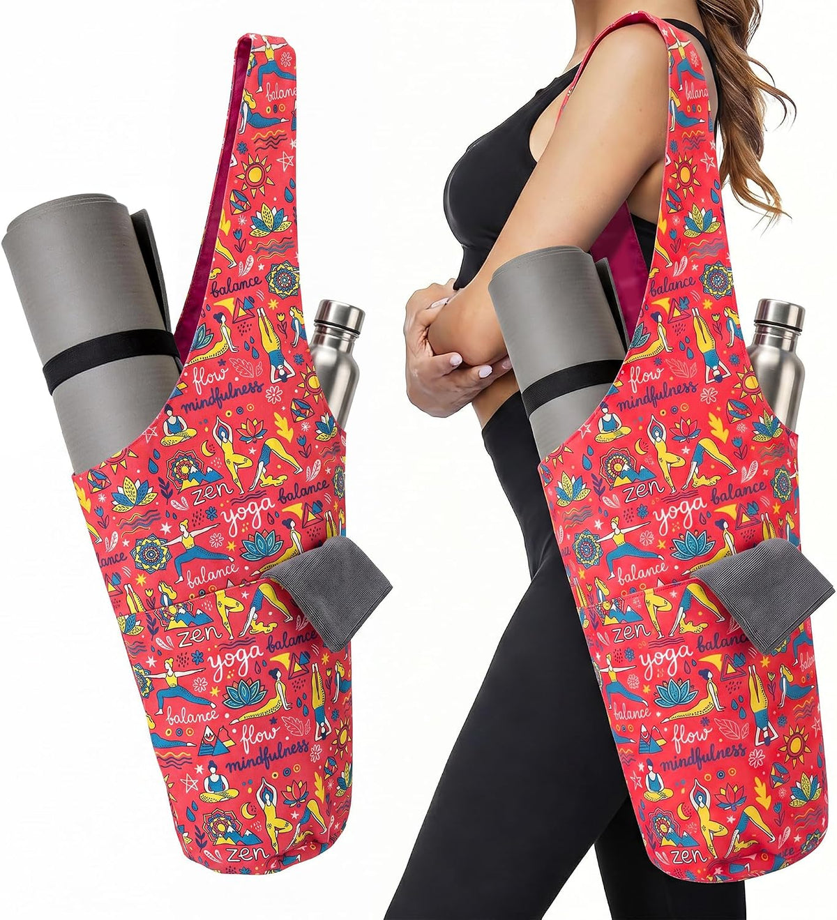 Heavy Duty Cotton Canvas Yoga Bag with Multi-Pocket Organizer, Large Capacity Gym Sports Bags, With 2 Bonus Mat Straps