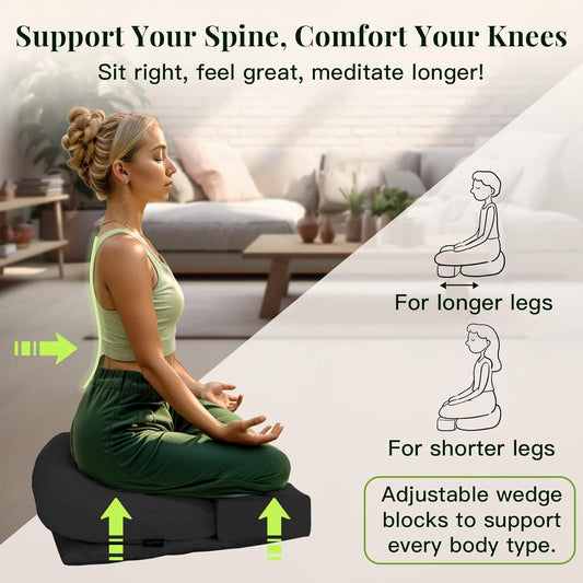Meditation Cushion Set – Zafu Yoga Floor Pillow with Knee Support Pads, Buckwheat Hull Filling, Carry Bag & Zabuton-Style Base