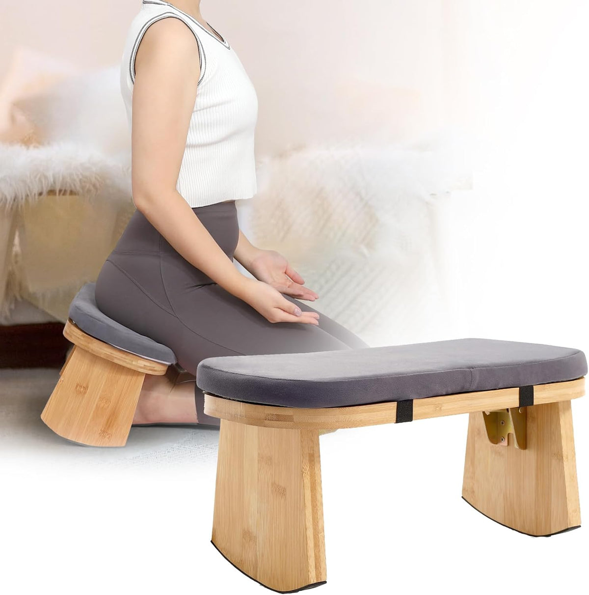 Meditation Bench, Folding Yoga Stool with Curved Bottom Edges