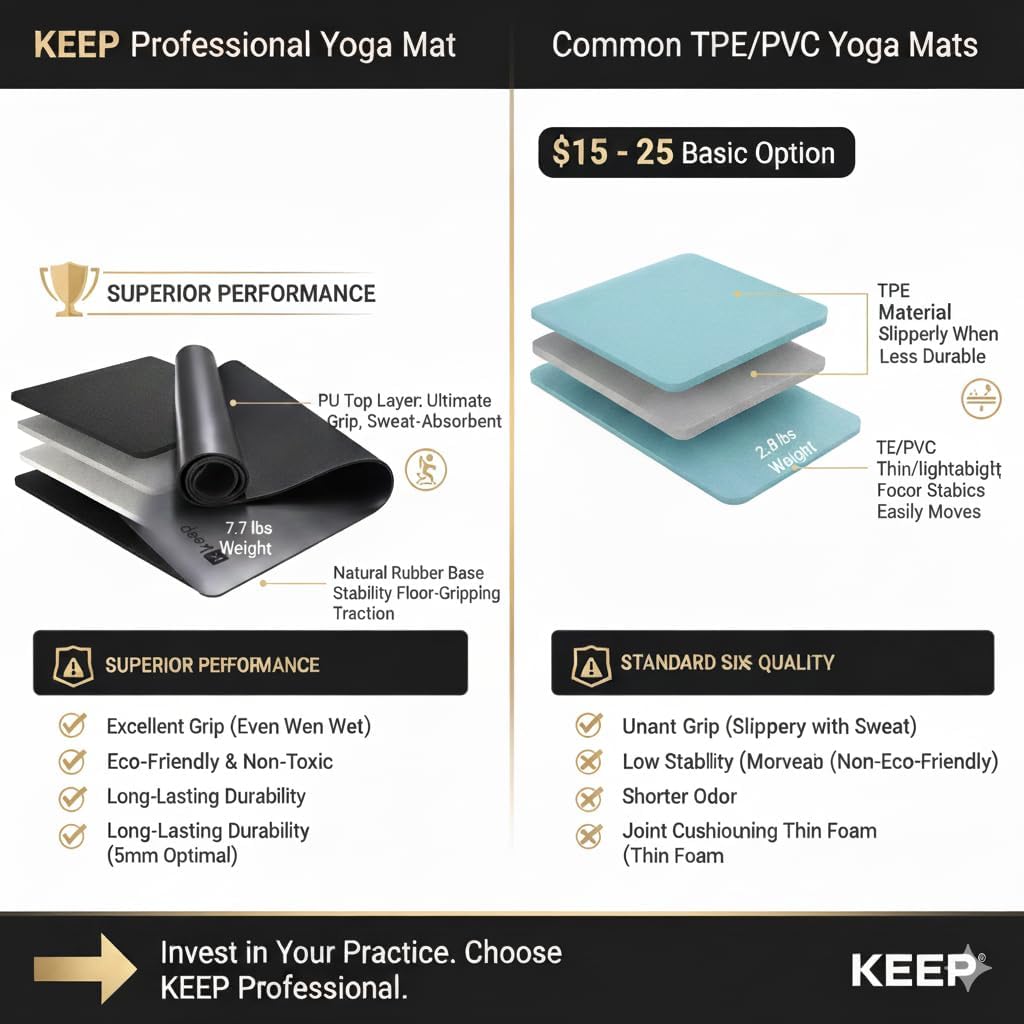 Rubber Yoga Mat - Professional Sweat Absorbent PU & Natural Rubber. Non Slip Workout Mats for Women & Men, 5mm Thick, 72"x26" Extra Long Wide Pad for Hot Yoga, Pilates, HIIT, Home Gym - Strap Included