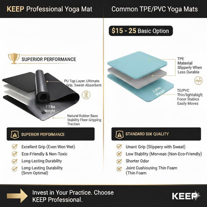 Rubber Yoga Mat - Professional Sweat Absorbent PU & Natural Rubber. Non Slip Workout Mats for Women & Men, 5mm Thick, 72"x26" Extra Long Wide Pad for Hot Yoga, Pilates, HIIT, Home Gym - Strap Included
