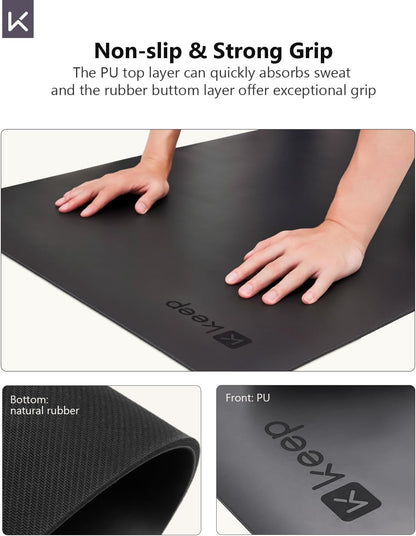 Rubber Yoga Mat - Professional Sweat Absorbent PU & Natural Rubber. Non Slip Workout Mats for Women & Men, 5mm Thick, 72"x26" Extra Long Wide Pad for Hot Yoga, Pilates, HIIT, Home Gym - Strap Included