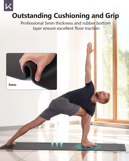 Rubber Yoga Mat - Professional Sweat Absorbent PU & Natural Rubber. Non Slip Workout Mats for Women & Men, 5mm Thick, 72"x26" Extra Long Wide Pad for Hot Yoga, Pilates, HIIT, Home Gym - Strap Included