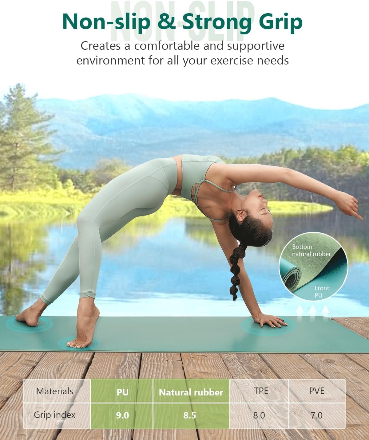Rubber Yoga Mat - Professional Sweat Absorbent PU & Natural Rubber. Non Slip Workout Mats for Women & Men, 5mm Thick, 72"x26" Extra Long Wide Pad for Hot Yoga, Pilates, HIIT, Home Gym - Strap Included