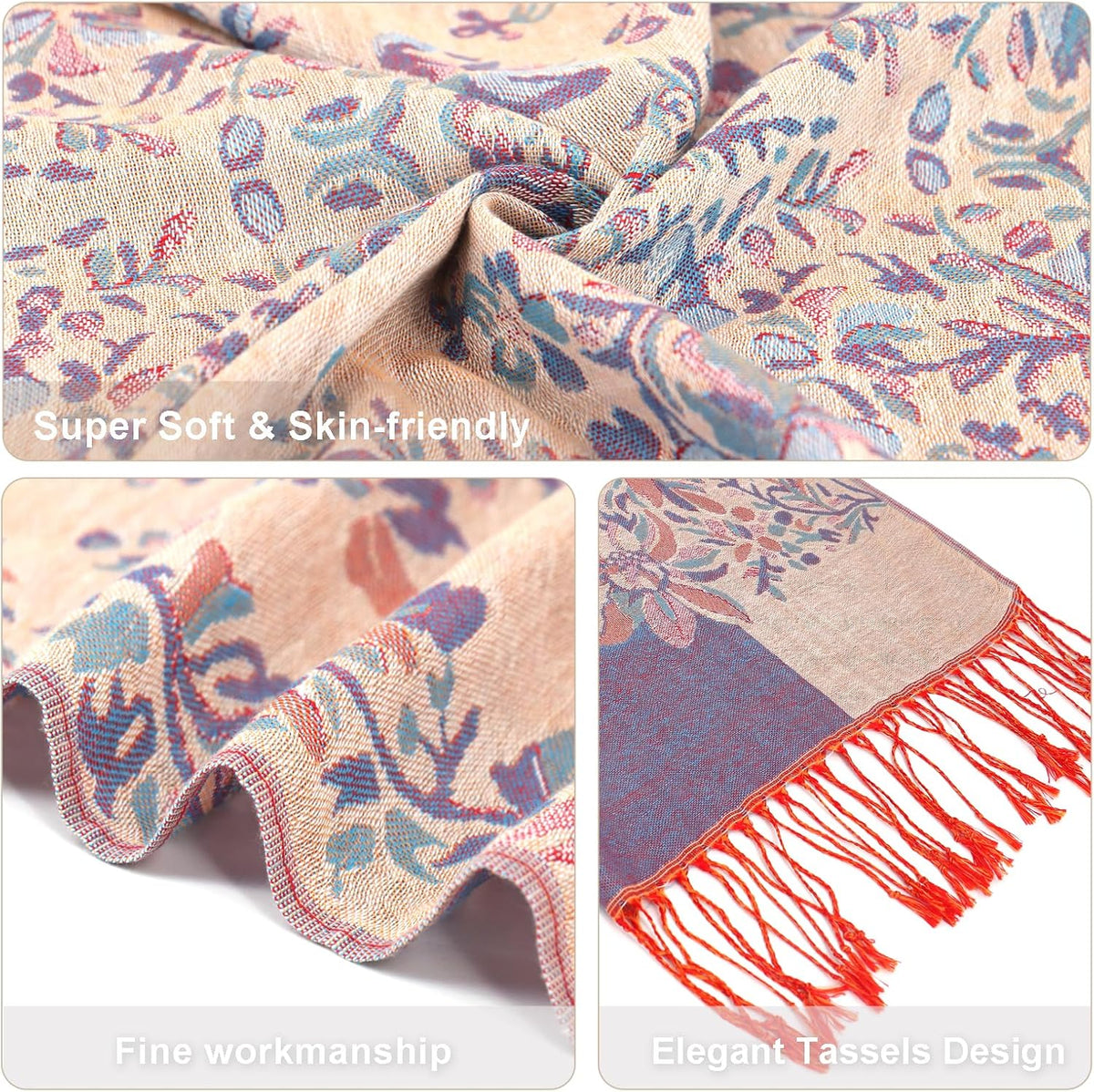 Silky Paisley Pashmina Shawl Scarf-Women's Soft Double-side Jacquard Pashminas Wrap for Evening Dress Travel Shawl