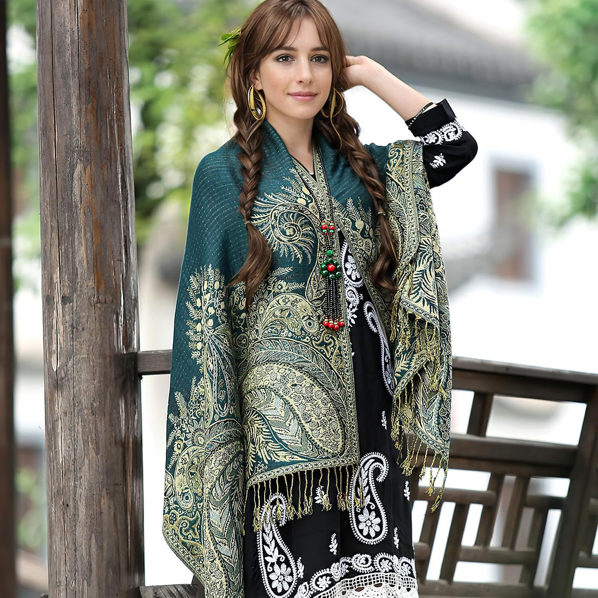 Silky Paisley Pashmina Shawl Scarf-Women's Soft Double-side Jacquard Pashminas Wrap for Evening Dress Travel Shawl