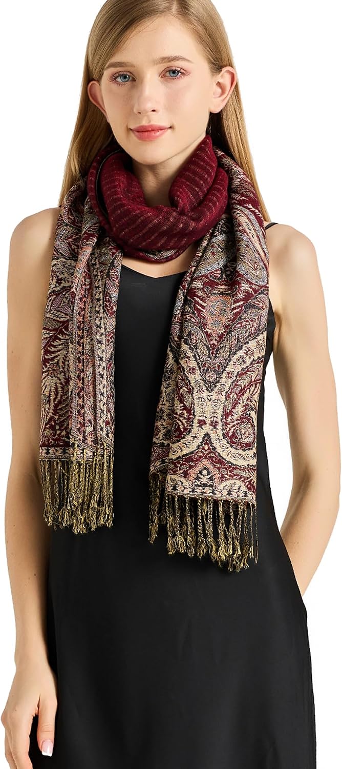 Silky Paisley Pashmina Shawl Scarf-Women's Soft Double-side Jacquard Pashminas Wrap for Evening Dress Travel Shawl