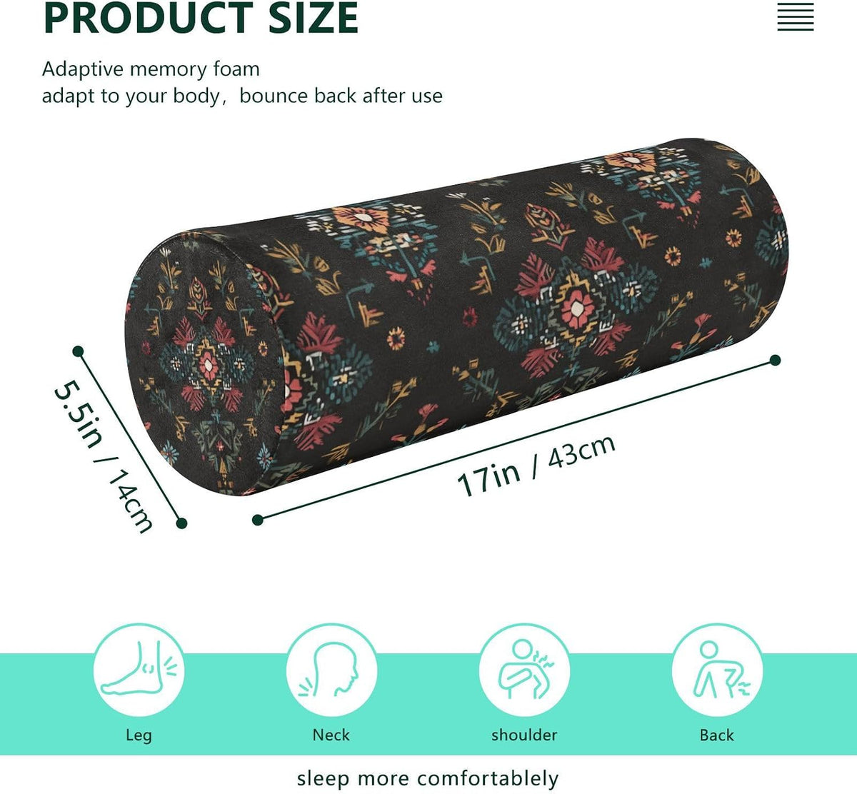 c Neck Roll Pillow Bolster Round Health Memory Foam Long Cervical Cylinder Pillows with Removable Washable Cover for Body Bed Legs Back Yoga - Colors B