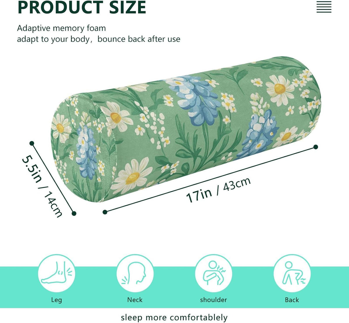 c Neck Roll Pillow Bolster Round Health Memory Foam Long Cervical Cylinder Pillows with Removable Washable Cover for Body Bed Legs Back Yoga - Colors B